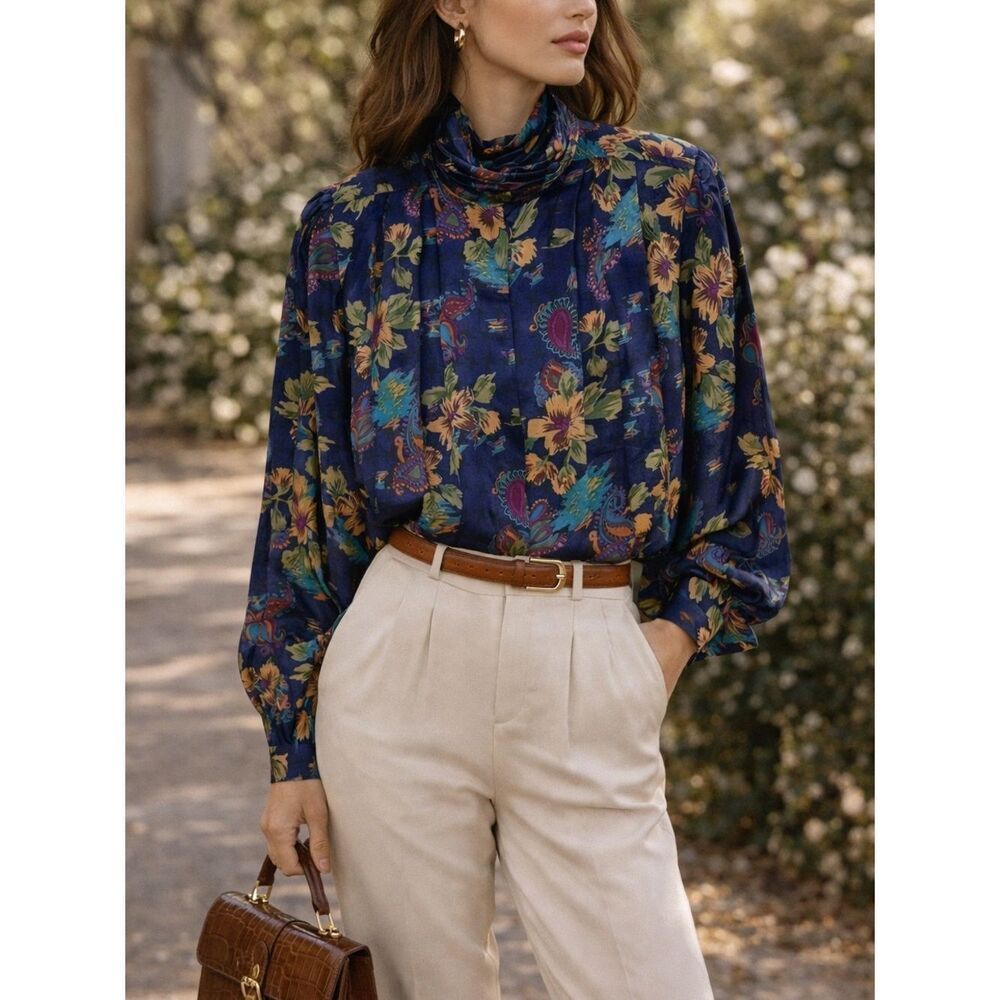 Yves St. Clair Vintage Floral Paisley Print Satin Top Blouse Size 8
